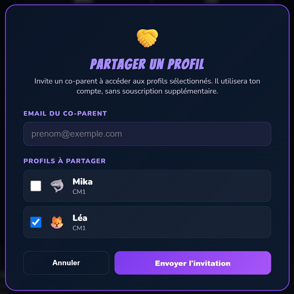 Inviter un co-parent par e-mail, sans souscription supplémentaire
